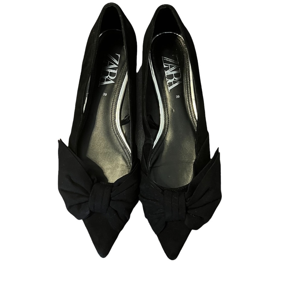 Zara Women's Shoes Faux Suede Ballet Flats Black With Bow Size 39